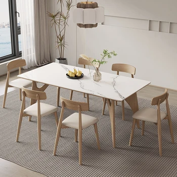 Современные обеденные столы из массива дерева для домашней мебели Прямоугольный обеденный стол Светлый Роскошный обеденный стол в ресторанном кремовом стиле